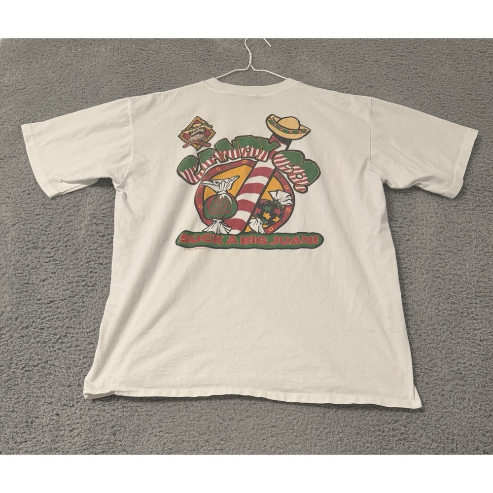 Vtg 1995 Balzout‎ Big Juan's Candy Double-Sided White T Shirt Sz XL Single